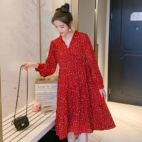 909# Maternity Clothes Spring Autumn V Neck Chiffon Long Sleeves Dot Printing Dress for Pregnant Women Mom Dress
