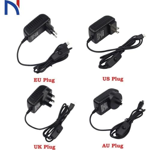 DC 5V 3A Supply 5V 3A Power EU US UK AU Plug Switch Button Micro USB Power Charger Adapter For Raspberry Pi 3