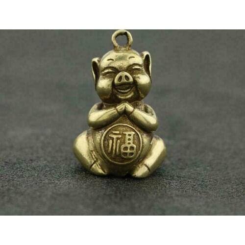 Antique Brass Piggy Pendant Small Lucky Statue Old Chinese Zodiac Pocket Gift