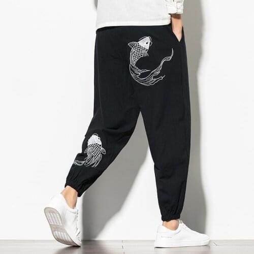 Cropped Trousers Men Japanese and Korean Style 2021 Summer New Fashion Embroidery Cotton Linen Mens large size Harem Pants