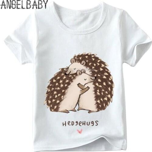 Children Hedgehog Hug/Kiss Cartoon Design T shirt Boys/Girls Summer Short Sleeve Tops Kids Soft White T-shirt,ooo2121