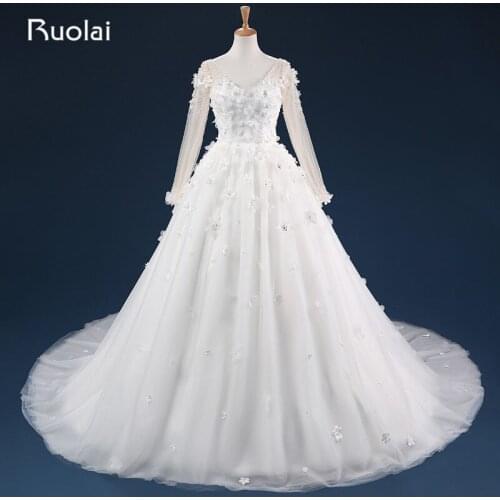 Elegant Long Wedding Dresses Ball Gown V Neck Long Sleeves Handmade Flowers Beaded Bodice Bridal Gown For Wedding ASAFN25