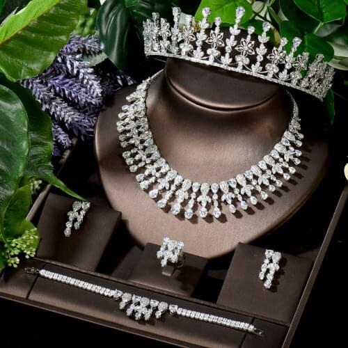HIBRIDE Simple Design 5pcs Leaf Shape Full CZ Neckalce Earring Set Dubai Indian Wedding Dress Jewelry Set For Women Party N-1616