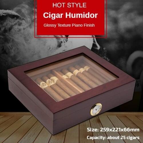 Quality Cedar Wood Cigar Humidor with Highly Transparent Glass Window Portable Box 259x221x66mm Capacity 25 Cigarettes Case Red