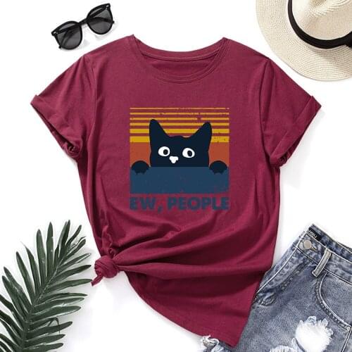 Summer 100%Cotton Women T Shirts Plus Size Ew People Print Short Sleeve Tee Cartoon Funny Cat Graphic Tops Casual O-Neck Tshirt