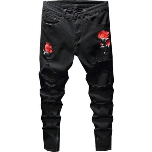 Mens Rose Embroidery Ripped Denim Jeans Fashion Red Flower Embroidered Holes Skinny Stretch Pencil Pants Trousers