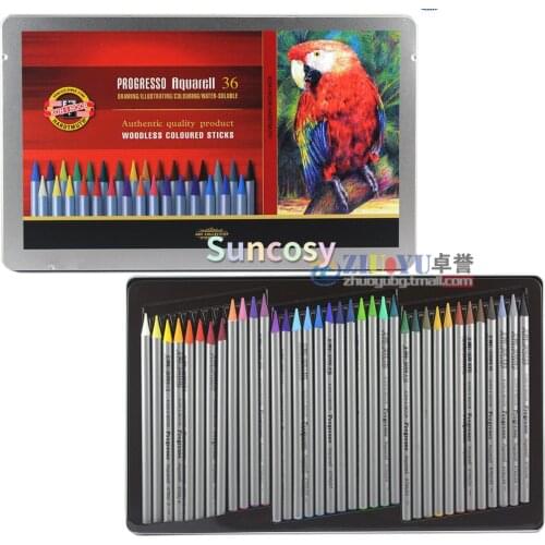 Koh-I-Noor Hardtmuth Progresso Aquarell,Set of Woodless Aquarell Coloured Pencils 36 Colors,fill Color Lead Penils with Iron Box