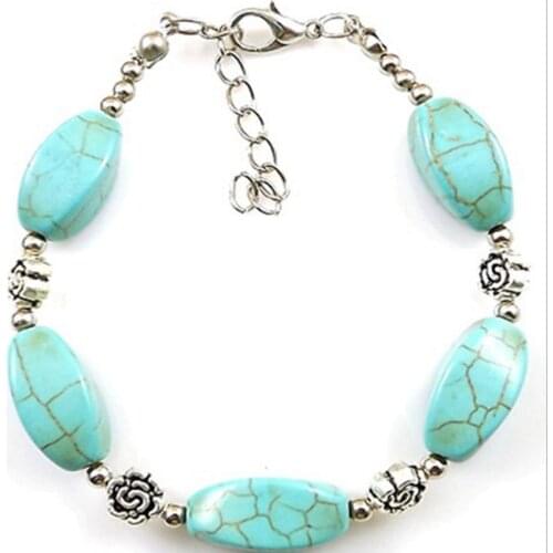 Silver Plated Link Chain Irregular Shape Green Turquoises Stone Bracelet Bohemian Style Jewelry