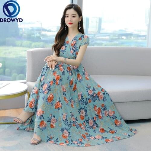 Plus Size Print Beach Maxi Sundress 2021 Floral Chiffon Boho Midi Dress Summer Vintage Elegant Women Bodycon Blue Party Vestidos