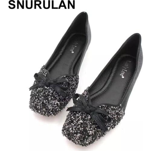 SNURULAN 2021 Spring and Autumn New Fashion Womens Shoes Sequins Square Head Flat Shoes Womens Gentle Casual Shoes Size 35-41