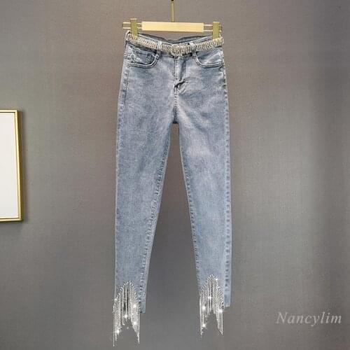 High Waist Jeans Women Fashion 2021 Summer New Rhinestone Tasseled JSlimming Tight Stretch Denim Pants Pencil Trousers