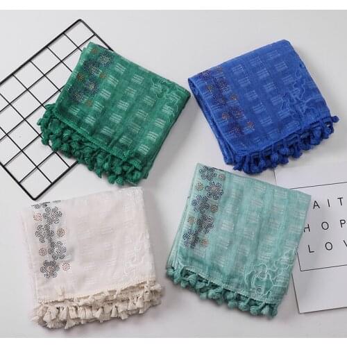 Women Cotton Scarf Hijab Embroidery Lace Tassels with Crystals Shawls Headband Hijabs Scarves Scarf 10 Colors For Choose