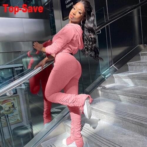 Fall Winter Women Long Sleeve Solid Ribbed Two Piece Set Top And Pants Sweatshirt Pleated Trousers Pocket Hoodies Sports Suits