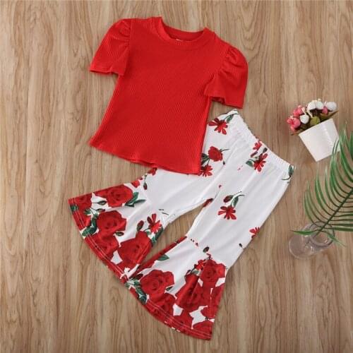 Toddler Kids Baby Girl Clothes round neck solid pullover short sleeve T-shirts Flower print Flared Pants 2pc newborn cute outfit