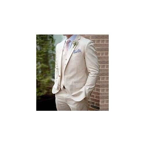 ANNIEBRITNEY Custom Made Beige Linen Beach Men Suits For Summer Groom Tuxedos Masculino Jacket Pants Casual Big Size Suits Set