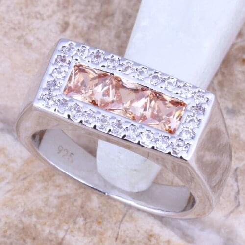 Shining Champagne Morganite White CZ Silver Plated Womens Ring Size 6 / 7 / 8 / 9 R1160