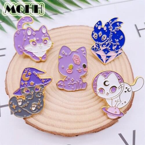 Creative Cartoon Animal Purple Cat Brooch Crescent Hat Planet Enamel Pins Alloy Badge Fashion Woman Jewelry Gift For Kid