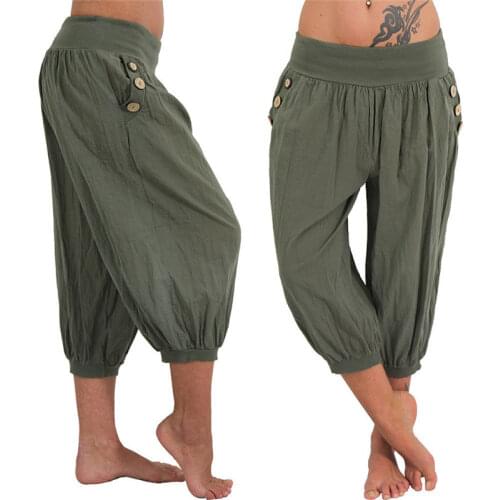 Fashion Casual Loose Linen Harem Pants Women Summer Elastic Waist Sport Cropped Trouser Plus Size Solid Pantacourt Sarouel Femme