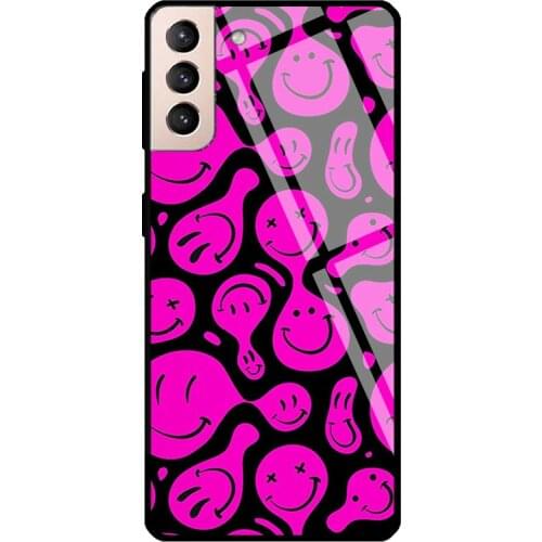Trippy Pink Psychedelic Smiley Face Tempered Glass Case For Samsung Galaxy S21 Ultra Note 20 S8 S9 S10 Note 10 Plus S20 FE