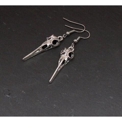 Skull Raven Pendant earring, Bird skull earrings, gothic dangle long earrings, Raven earrings, halloween gift