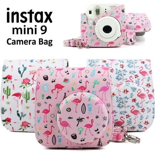 For Fujifilm Instax Mini 8 9 Instant Camera Flamingo Pink Pattern Carrying Case Bag Cover PU Leather Protect Pouch with Strap
