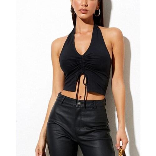 70% Dropshipping!!Women Vest V Neck Sleeveless Halter Sexy Ruched Drawstring Backless Crop Top for Summer