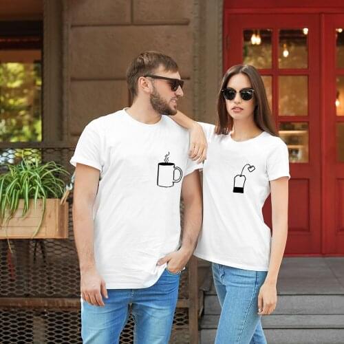 Cup and Coffee Tea Print Couple White T-shirt Graphic Tees Boyfriend Girlfriend Gift Vintage Summer O-Neck Camisetas Streetwear
