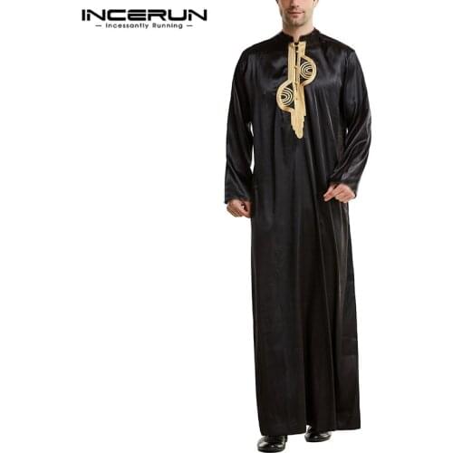 Men Loose Patchwork Muslim Kaftan Robes Islamic Clothing Vintage Long Robes Leisure Long Sleeve Stand Collar Jubba Thobe INCERUN