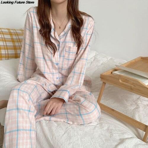 Cute Grid Girls Pajamas Set Korean Autumn Winter New Long Sleeve Leisure Sleepwear Women Loose Nightwear Homewear Suit
