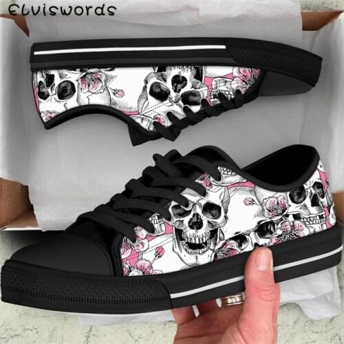 ELVISWORDS Skull Flower 3D Print Vulcanized Shoes Women Punk Style Canvas Autumn Winter Flats Classic Lace-up Sneakers for Lady