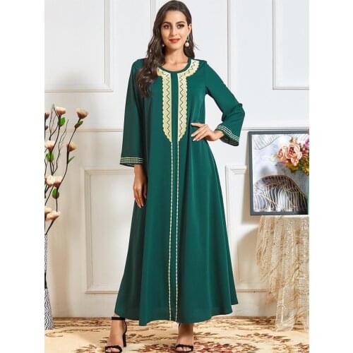 Aligaia Fashion Solid Color Ethnic Embroidery Dress For Women 2021 Summer New Dubai Turkey Muslim Hijab Dress Maxi Dresses Robe