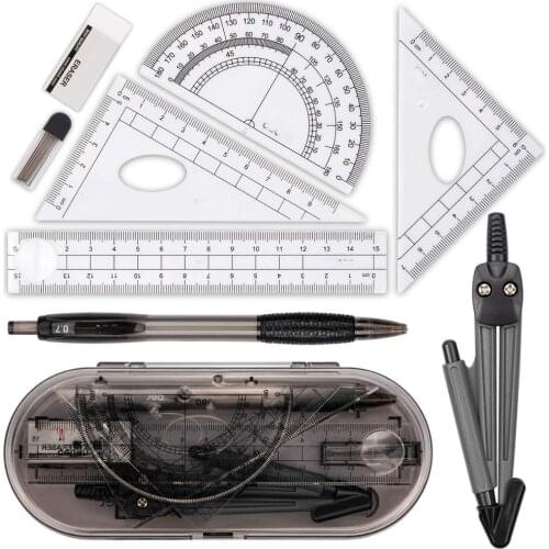 XRHYY Math Geometry Kit Set 8PCS Student Supplies With Shatterproof Storage Box For Engineering Drawing Compass Protractor Ruler