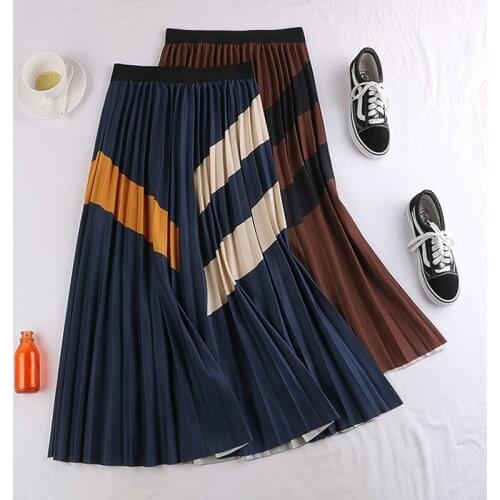 Autumn Cotton Pleated Skirt Patchwork Contrast Color A-line Pleated Navy Long Skirts
