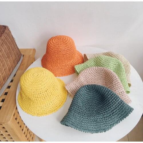 Childrens Summer Hat Unisex Wide Brim Hat Sun Hats Bucket Hat Sun Protection Caps Beach Hats Flat Top Foldable Paper Straw Hat