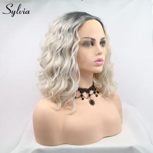 Sylvia Short Curly Wigs Blonde Bob Hair Lace Front Wig Dark Root Ombre Synthetic Hair Women Wigs Heat Resistant Half Hand Tied