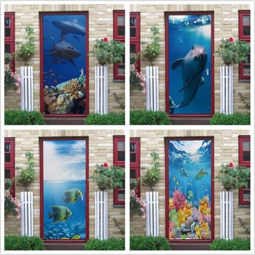 Underwater World Wallpaper 3D Door Sticker Self Adhesive PVC Fish Dolphin Poster For Kids Girls Room Home Door Decoration Murals