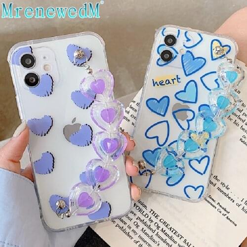 Heart Chain Wrist Bracelet Transparent Phone Case For iPhone 11 12 Pro X XR XS Max 12 Mini SE2 7 8 Plus Cute Silicone Soft Cover