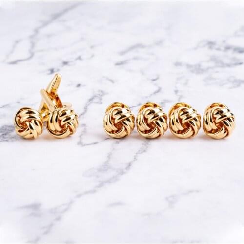Luxury Cufflinks and Tuxedo Shirt Studs Set Gold Knots Cuff Jewelry For Men Dress French Button Wedding Business Gifts
