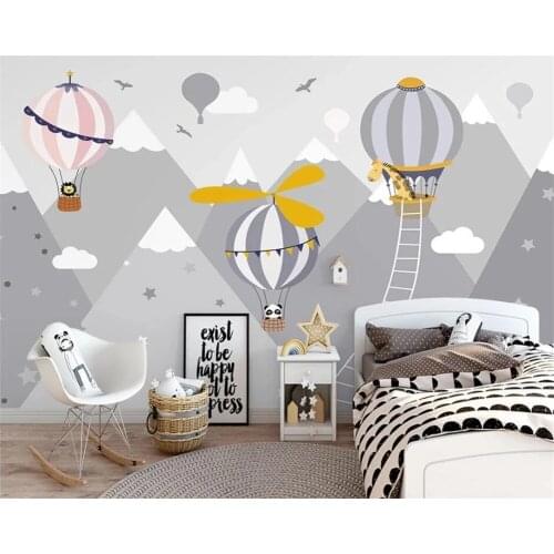 Custom modern Nordic hand-painted hot air balloon small animal childrens room interior background Self Adhesive wallpaper 3D