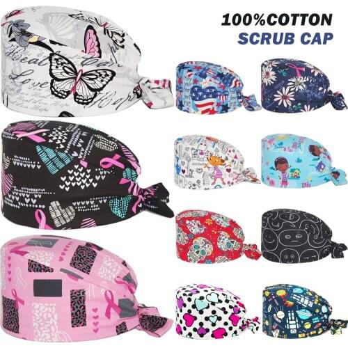 Pure Cotton Scrubs Caps Adjustable Tie Back Nursing Hats Laboratory Beauty Salon Pet Shop Nurse Working Scrub Cap for Women Men