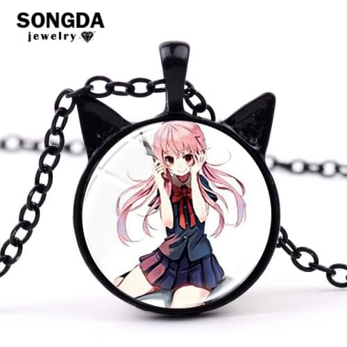 SONGDA Future Diary Mirai Nikki Necklace Gasai Yuno Figures Glass Art Picture Round Ears Pendant Necklace Anime Jewelry Souvenir