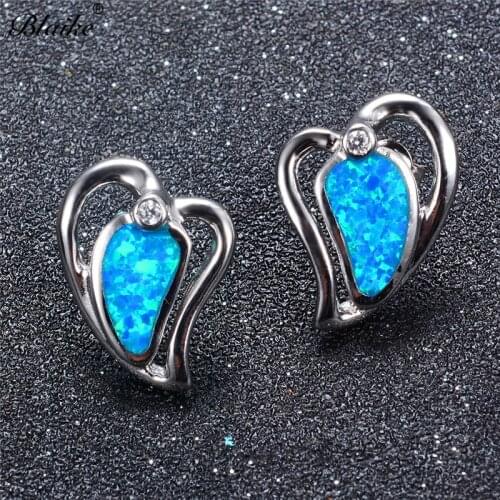 Blaike Unique Heart Blue Fire Opal Stud Earrings For Women Silver Color Zircon Birthstone Earring Female Jewelry