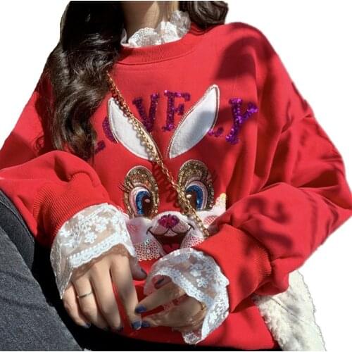Winter High Street Women Fake 2 Pieces Outwear Embroidery Sequin Rabbit Beading Hoodies Floral Lace Neck Pullover Sweatshirt