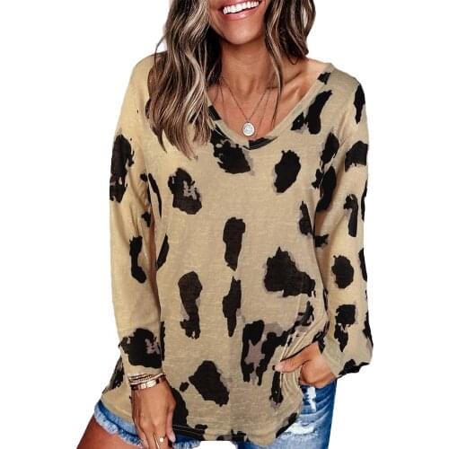 Women Stylish V Neck Long Sleeve Leopard Print Loose Blouse T-shirt Pullover Tops Lady Streetwear