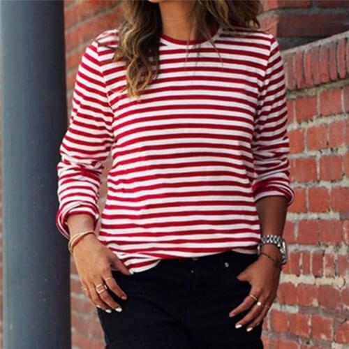 Retro Red White Striped T-Shirt For Women 2019 Autumn Long Sleeve Basic Tee Women Casual Street Wear Boyfriend T shirt Lady Tops