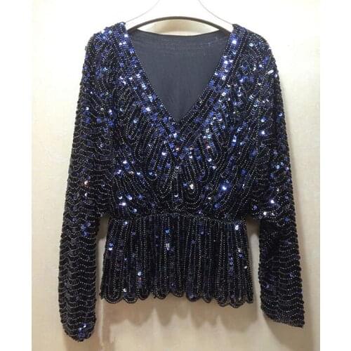 Womens Luxury Vintage Shiny sequins paillette Beaded Shirt Female Sexy Club Party Dancing Performance Pullover Tops Tees TB593