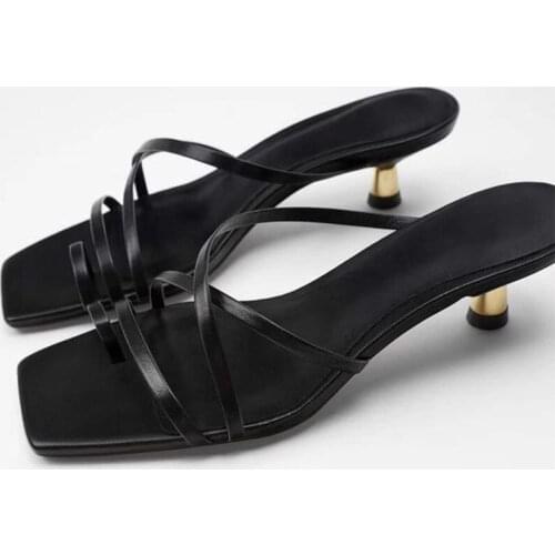 Womens Sexy Black Leather High Heels Thin Strap Ladies Sandals New Square Toe Crossover Stiletto Party Shoes Female Footwear