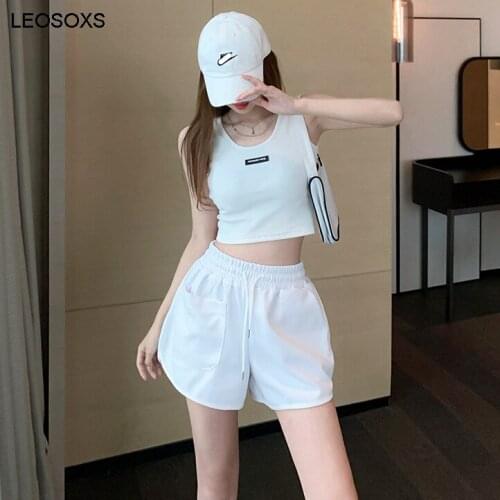 Womens Summer Suit Leisure Fashion Sports Suit Female 2021 New Elastic Waist Shorts Slim Short Vest Two Piece Set