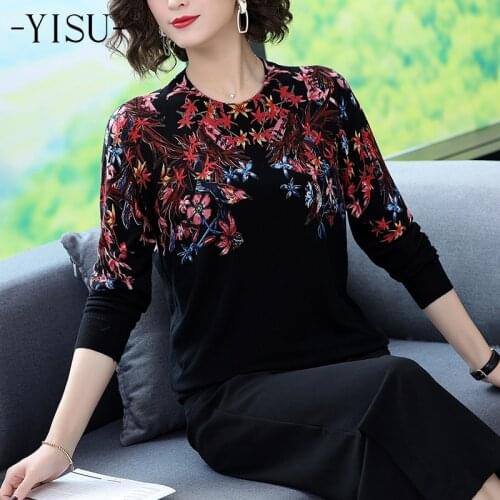 YISU sweater women O-neck Fashion Long Sleeve Knitted Sweater Tops Birds flowers print Loose Sweaters 2019 autumn Pullovers