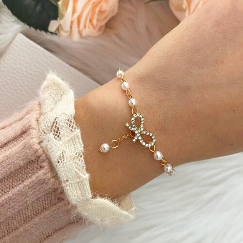 FNIO 2021 New Classic Pearl Bracelet Crystal Bow Pendant Bracelet Korean Sexy Jewelry Accessories Party WomenS Bracelet